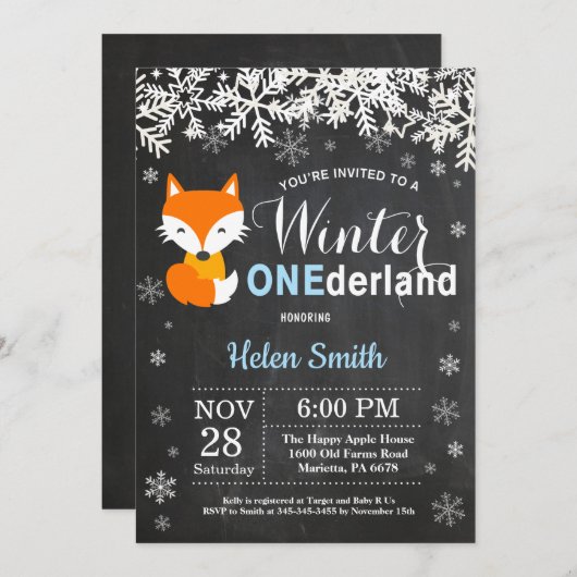 Winter Onederland Fox Boy 1e verjaardag Uitnodigin Kaart (Voorkant / Achterkant)