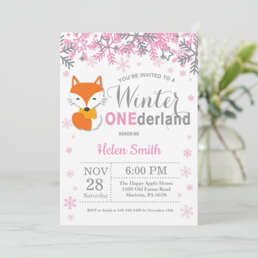Winter Onederland Fox Girl 1e verjaardag Kaart (Staand voorkant)