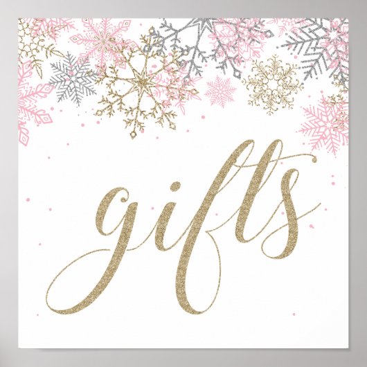 Winter Onederland Gifts Sign Pink and Gold Poster (Voorkant)