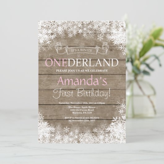 Winter Onederland Girl 1e verjaardag Uitnodiging (Staand voorkant)