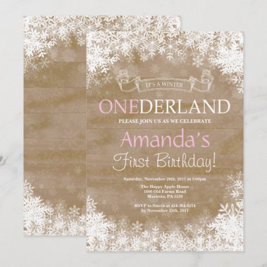 Winter Onederland Girl 1e verjaardag Uitnodiging (Voorkant / Achterkant)