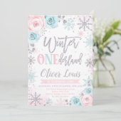 Winter ONEderland Girl 1st Birthday Invitation Kaart (Staand voorkant)