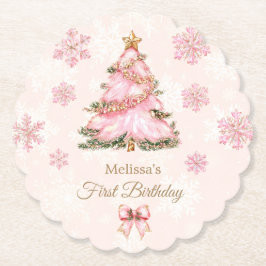 Winter Onederland Girl 1st Birthday Pink Snowflake Kartonnen Onderzetters