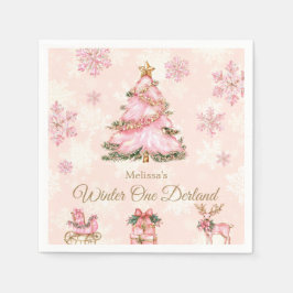 Winter Onederland Girl 1st Birthday Pink Snowflake Servet