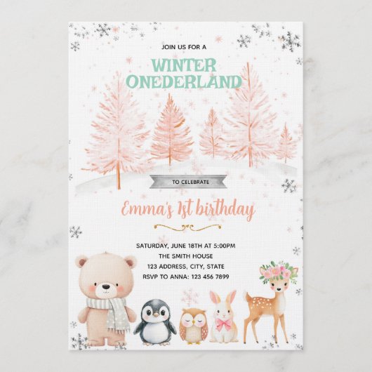 Winter Onederland girl invitation Kaart (Voorkant)