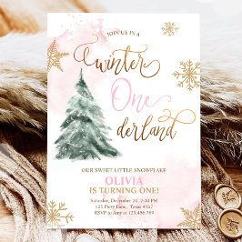 Winter Onederland Girl Pink Gold 1e verjaardag Inv Kaart
