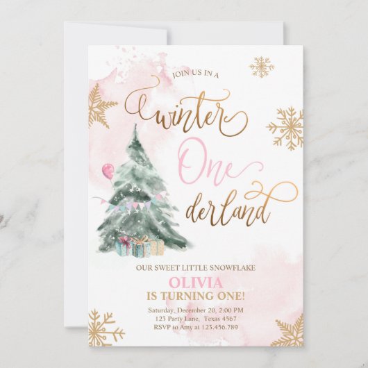 Winter Onederland Girl Pink Gold 1e verjaardag Kaart (Voorkant)