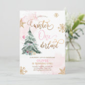 Winter Onederland Girl Pink Gold 1e verjaardag Kaart (Staand voorkant)