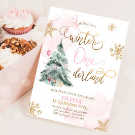 Winter Onederland Girl Pink Gold 1e verjaardag Kaart