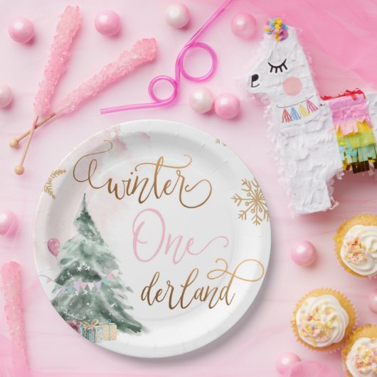 Winter Onederland Girl Pink Gold 1e verjaardag Papieren Bordje (Feest)