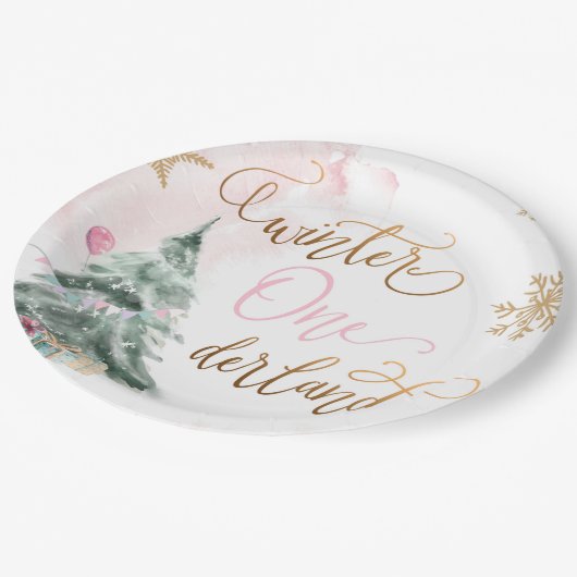 Winter Onederland Girl Pink Gold 1e verjaardag Papieren Bordje (Gekanteld)