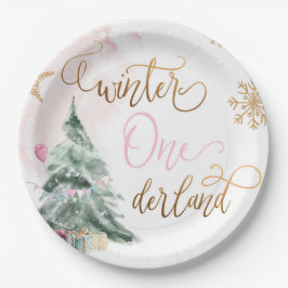 Winter Onederland Girl Pink Gold 1e verjaardag Papieren Bordje