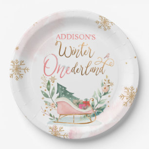 Winter Onederland Girl Pink Snow Birthday Papieren Bordje