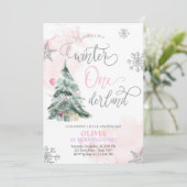 Winter Onederland Girl Pink Winter 1e verjaardag Kaart (Staand voorkant)
