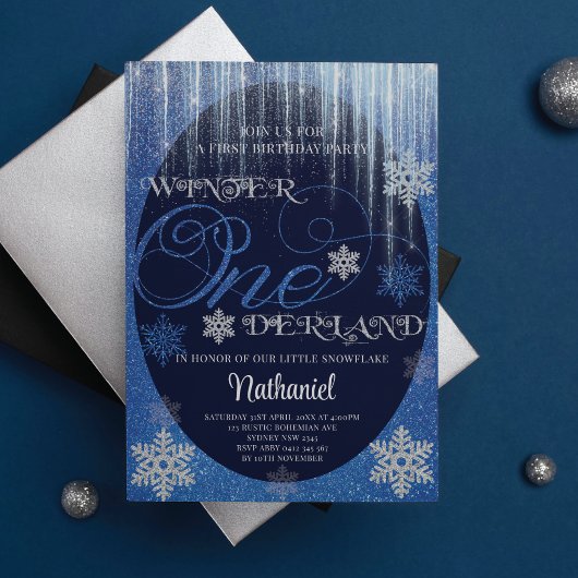 Winter ONEderland Glitter Blue 1st Birthday Kaart