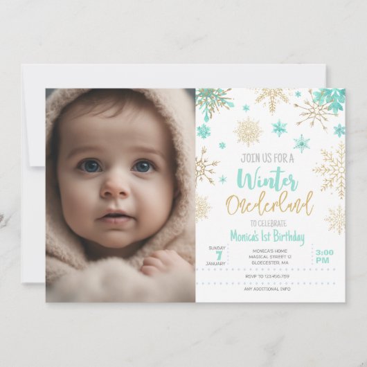 Winter onederland glitter sneeuwvlok foto verjaard kaart (Voorkant)