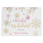Winter onederland glitter sneeuwvlokken verjaardag groot cadeauzakje (Voorkant)