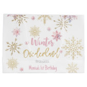 Winter onederland glitter sneeuwvlokken verjaardag groot cadeauzakje (Achterkant)