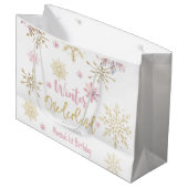 Winter onederland glitter sneeuwvlokken verjaardag groot cadeauzakje (Voorkant Gekanteld)