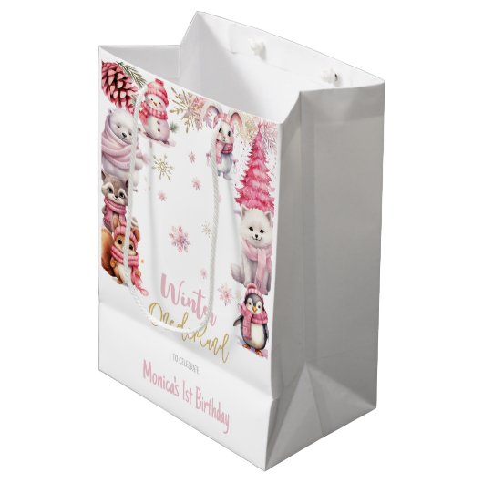 Winter onederland glitter sneeuwvlokken verjaardag medium cadeauzakje (Voorkant Gekanteld)