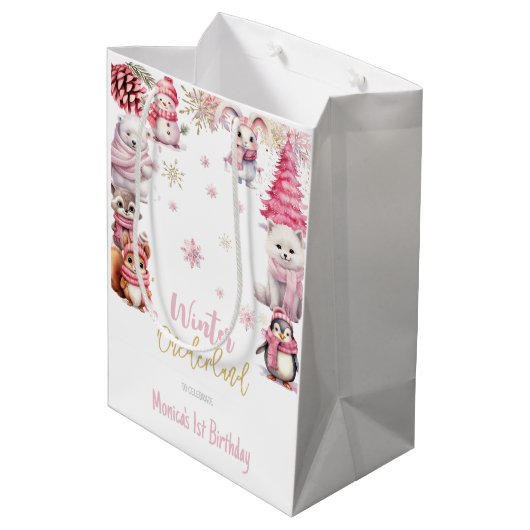 Winter onederland glitter sneeuwvlokken verjaardag medium cadeauzakje (Achterkant Gekanteld)