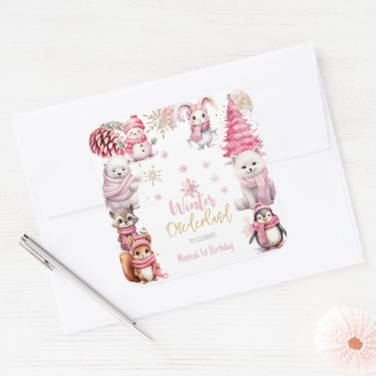 Winter onederland glitter sneeuwvlokken verjaardag vierkante sticker (Envelop)