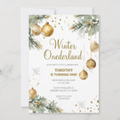 Winter Onederland Gold Baubles 1st Birthday Party Kaart (Voorkant)