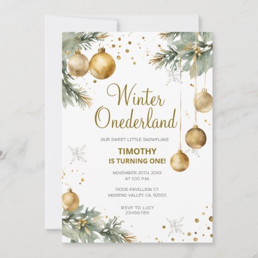 Winter Onederland Gold Baubles 1st Birthday Party Kaart (Voorkant)