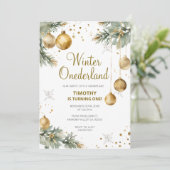 Winter Onederland Gold Baubles 1st Birthday Party Kaart (Staand voorkant)
