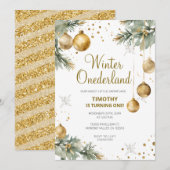 Winter Onederland Gold Baubles 1st Birthday Party Kaart (Voorkant / Achterkant)