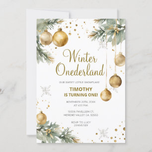 Winter Onederland Gold Baubles 1st Birthday Party Kaart