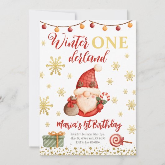 Winter Onederland Gold Gnome Birthday Uitnodiging (Voorkant)