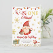 Winter Onederland Gold Gnome Birthday Uitnodiging (Staand voorkant)