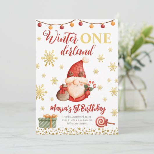 Winter Onederland Gold Gnome Birthday Uitnodiging (Staand voorkant)