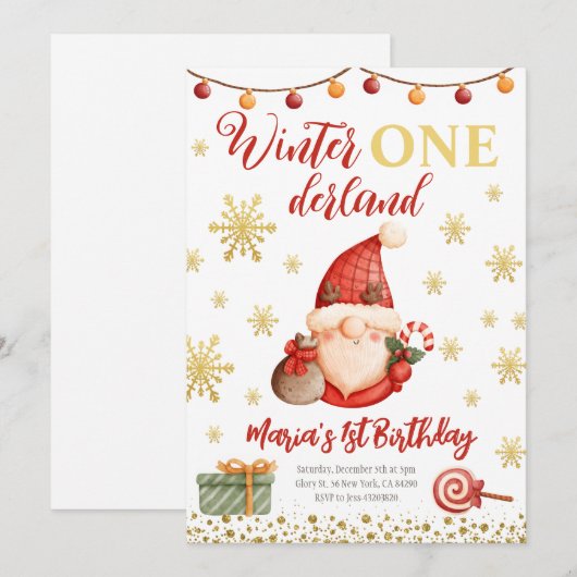 Winter Onederland Gold Gnome Birthday Uitnodiging (Voorkant / Achterkant)