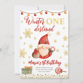 Winter Onederland Gold Gnome Birthday Uitnodiging
