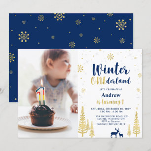Winter Onederland, Gold & Navy Boy 1st Birthday Kaart