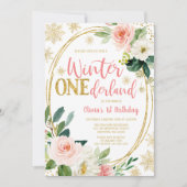 Winter ONEderland Gold Pink Floral Birthday Kaart (Voorkant)