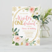 Winter ONEderland Gold Pink Floral Birthday Kaart (Staand voorkant)