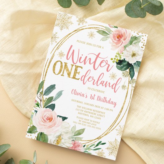 Winter ONEderland Gold Pink Floral Birthday Kaart