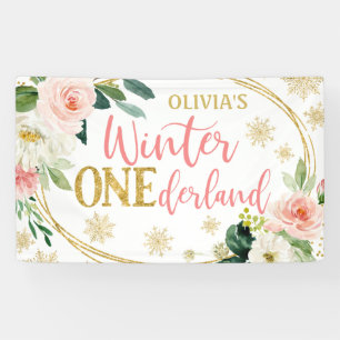 Winter ONEderland Gold Pink Floral Birthday Spandoek