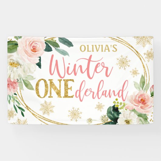 Winter ONEderland Gold Pink Floral Birthday Spandoek (Horizontaal)