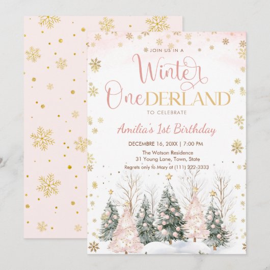 Winter Onederland Gold Snowflakes 1st Birthday Kaart (Voorkant / Achterkant)