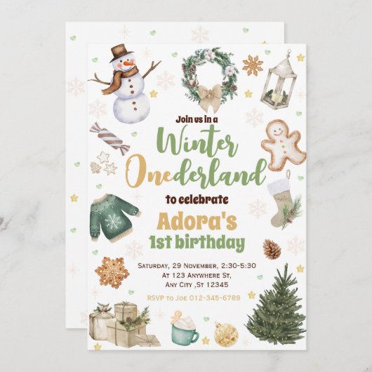 Winter ONEderland groene kerst verjaardagsuitnodig Kaart (Voorkant / Achterkant)