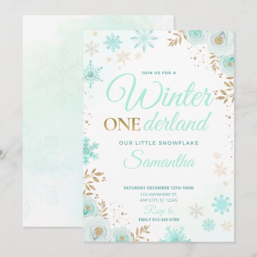 Winter ONEderland Groene Sneeuwvlok 1e Uitnodiging (Voorkant / Achterkant)