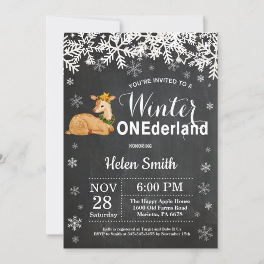 Winter Onederland Hert Uitnodiging 1e Verjaardag (Voorkant)