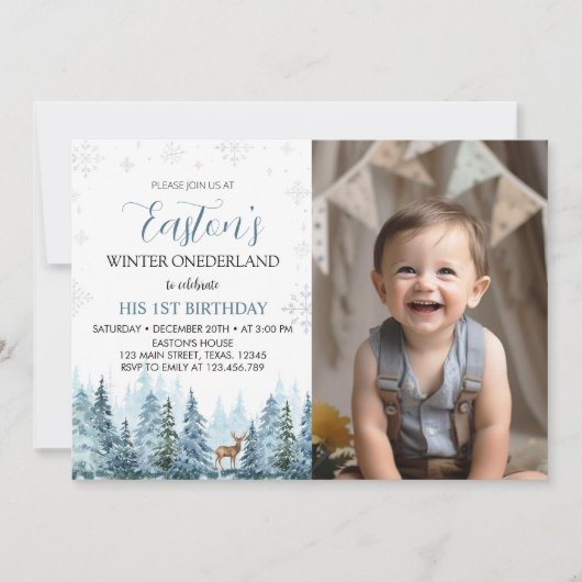 Winter Onederland Herten Verjaardag Foto uitnodigi Kaart (Voorkant)