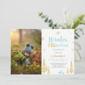 Winter Onederland, Jongen 1e Foto Birthday Kaart (Staand voorkant)