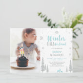 Winter Onederland, Jongen 1e Foto Birthday Kaart (Staand voorkant)