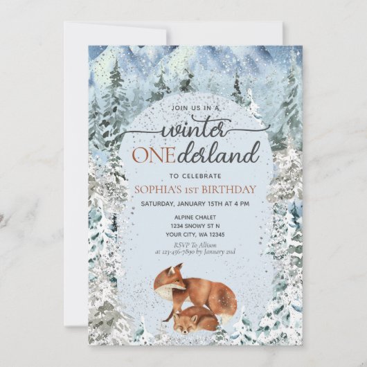 Winter ONEderland jongen meisje 1e verjaardag vos Kaart (Voorkant)